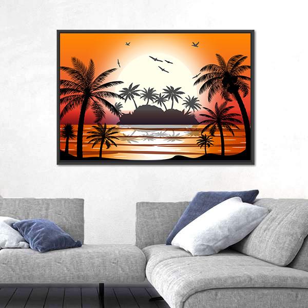 Silhouette Of Palm Tree On Beach Canvas Wall Art-5 Horizontal-Gallery Wrap-22" x 12"-Tiaracle