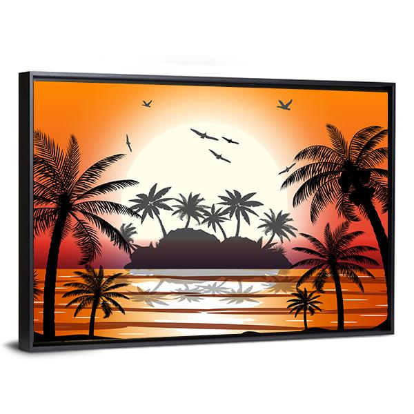 Silhouette Of Palm Tree On Beach Canvas Wall Art-5 Horizontal-Gallery Wrap-22" x 12"-Tiaracle