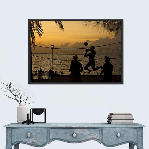 Silhouette Of People Playing Beach Volleyball At Sunset Canvas Wall Art-1 Piece-Floating Frame-24" x 16"-Tiaracle