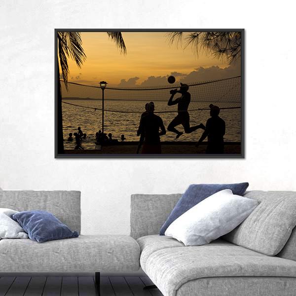 Silhouette Of People Playing Beach Volleyball At Sunset Canvas Wall Art-5 Horizontal-Gallery Wrap-22" x 12"-Tiaracle