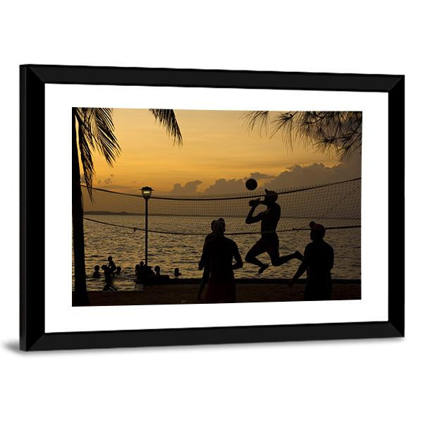 Silhouette Of People Playing Beach Volleyball At Sunset Canvas Wall Art-5 Horizontal-Gallery Wrap-22" x 12"-Tiaracle