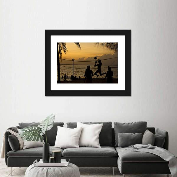 Silhouette Of People Playing Beach Volleyball At Sunset Canvas Wall Art-5 Horizontal-Gallery Wrap-22" x 12"-Tiaracle