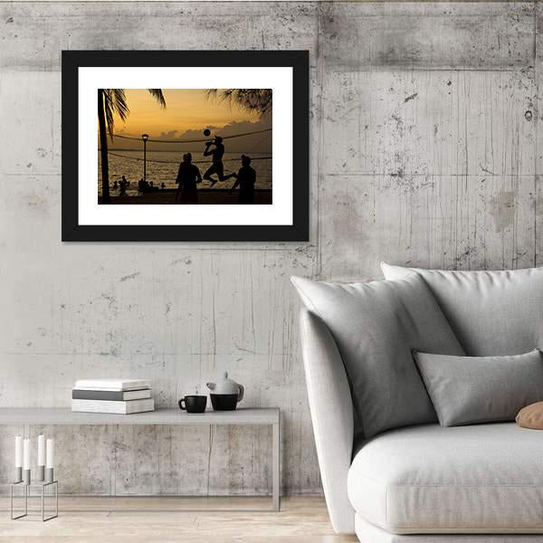Silhouette Of People Playing Beach Volleyball At Sunset Canvas Wall Art-5 Horizontal-Gallery Wrap-22" x 12"-Tiaracle