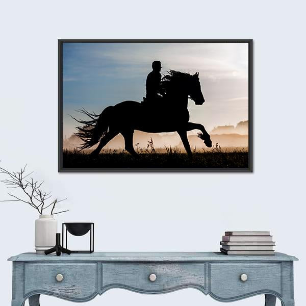 Silhouette Of Rider And Horse In Sunset Background Canvas Wall Art-1 Piece-Floating Frame-24" x 16"-Tiaracle