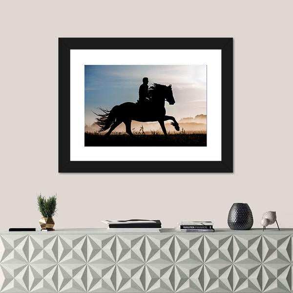 Silhouette Of Rider And Horse In Sunset Background Canvas Wall Art-1 Piece-Framed Print-20" x 16"-Tiaracle