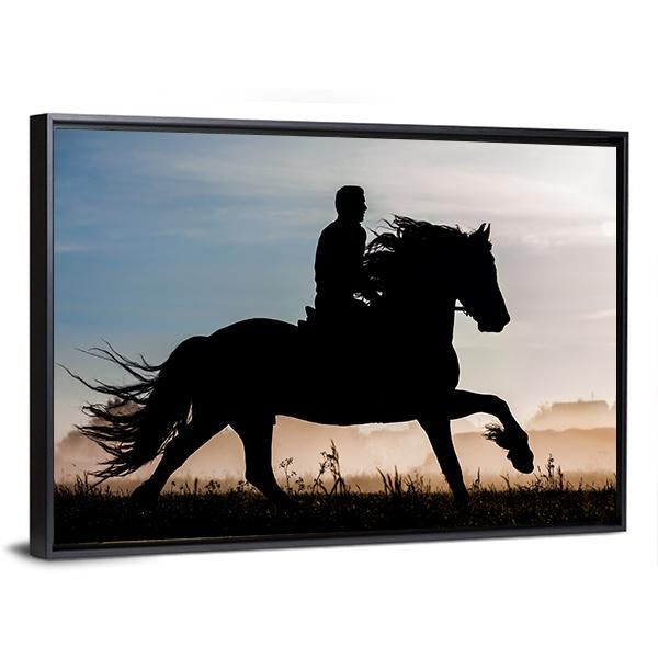 Silhouette Of Rider And Horse In Sunset Background Canvas Wall Art-3 Horizontal-Gallery Wrap-25" x 16"-Tiaracle