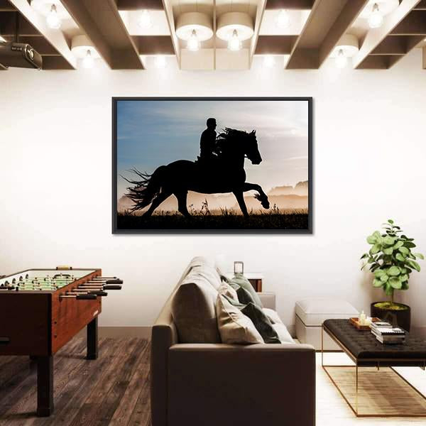 Silhouette Of Rider And Horse In Sunset Background Canvas Wall Art-3 Horizontal-Gallery Wrap-25" x 16"-Tiaracle