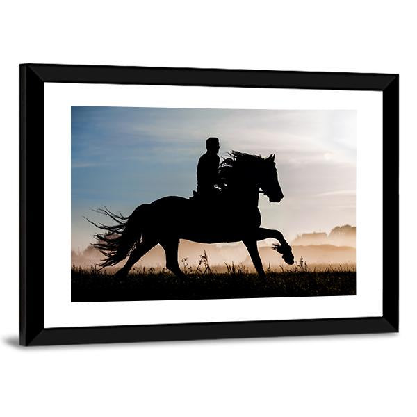 Silhouette Of Rider And Horse In Sunset Background Canvas Wall Art-3 Horizontal-Gallery Wrap-25" x 16"-Tiaracle