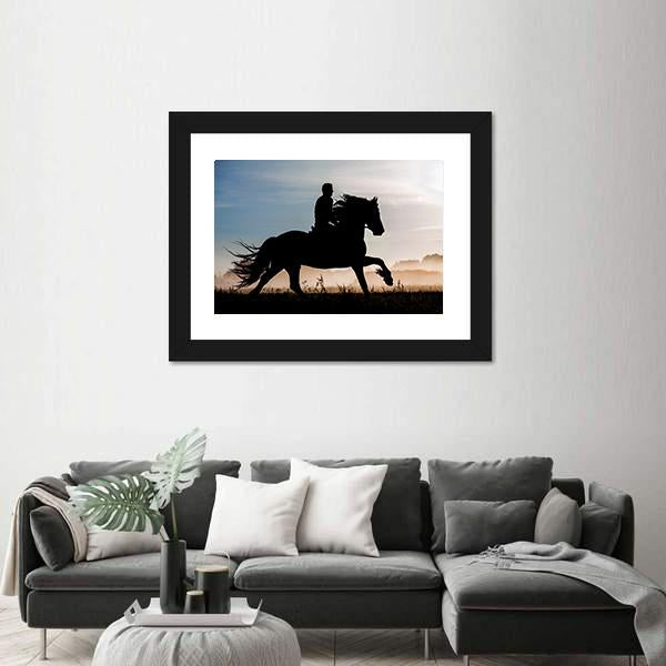 Silhouette Of Rider And Horse In Sunset Background Canvas Wall Art-3 Horizontal-Gallery Wrap-25" x 16"-Tiaracle