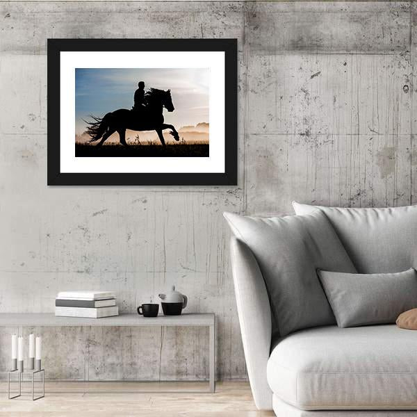 Silhouette Of Rider And Horse In Sunset Background Canvas Wall Art-3 Horizontal-Gallery Wrap-25" x 16"-Tiaracle