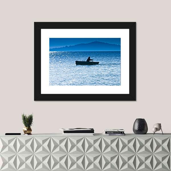 Silhouette Of The Fisherman In Lake Canvas Wall Art-1 Piece-Framed Print-20" x 16"-Tiaracle