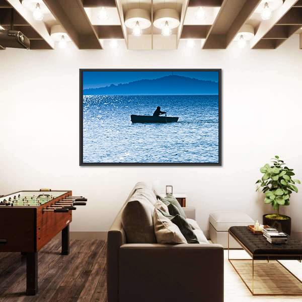 Silhouette Of The Fisherman In Lake Canvas Wall Art-3 Horizontal-Gallery Wrap-25" x 16"-Tiaracle