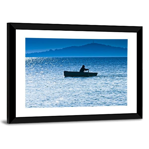Silhouette Of The Fisherman In Lake Canvas Wall Art-3 Horizontal-Gallery Wrap-25" x 16"-Tiaracle