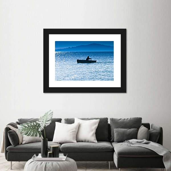 Silhouette Of The Fisherman In Lake Canvas Wall Art-3 Horizontal-Gallery Wrap-25" x 16"-Tiaracle