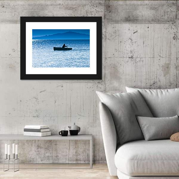 Silhouette Of The Fisherman In Lake Canvas Wall Art-3 Horizontal-Gallery Wrap-25" x 16"-Tiaracle