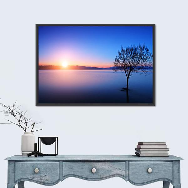 Silhouette Of Tree In Ohrid lake Canvas Wall Art-1 Piece-Floating Frame-24" x 16"-Tiaracle