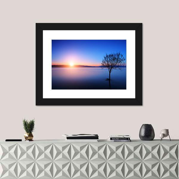 Silhouette Of Tree In Ohrid lake Canvas Wall Art-1 Piece-Framed Print-20" x 16"-Tiaracle