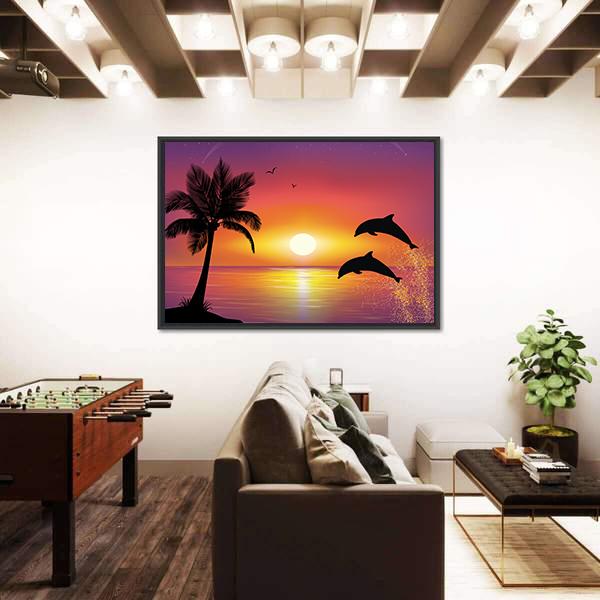 Silhouette Of Two Dolphins Jumping Out Of Water Canvas Wall Art-5 Horizontal-Gallery Wrap-22" x 12"-Tiaracle
