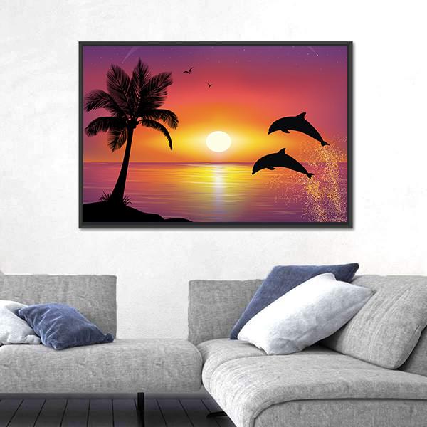 Silhouette Of Two Dolphins Jumping Out Of Water Canvas Wall Art-5 Horizontal-Gallery Wrap-22" x 12"-Tiaracle
