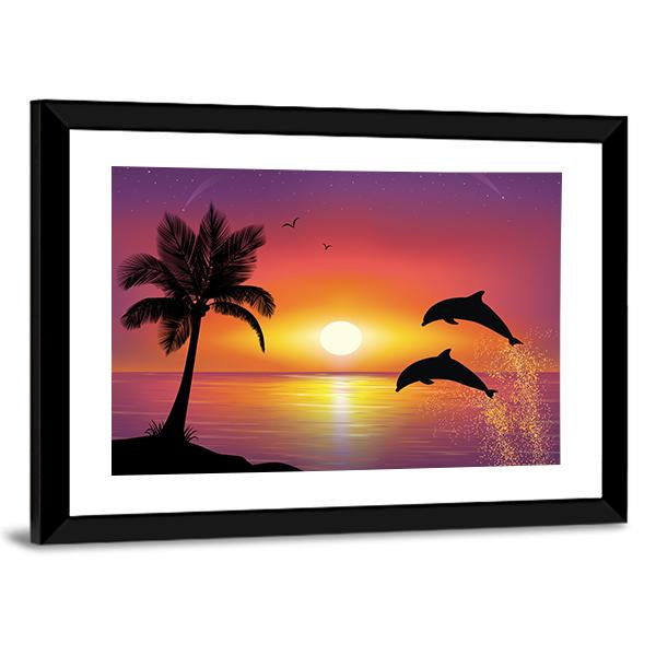 Silhouette Of Two Dolphins Jumping Out Of Water Canvas Wall Art-5 Horizontal-Gallery Wrap-22" x 12"-Tiaracle