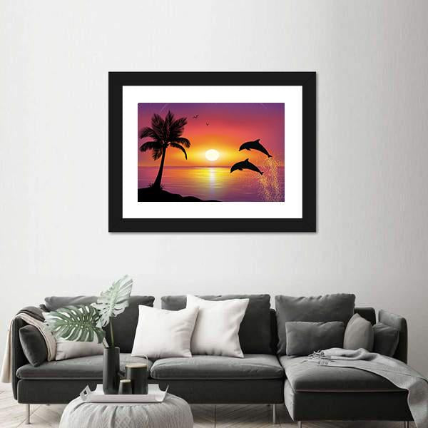 Silhouette Of Two Dolphins Jumping Out Of Water Canvas Wall Art-5 Horizontal-Gallery Wrap-22" x 12"-Tiaracle