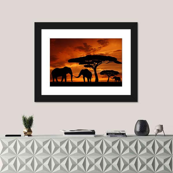 Silhouette Of Two Elephants In The Sunset Canvas Wall Art-1 Piece-Framed Print-20" x 16"-Tiaracle