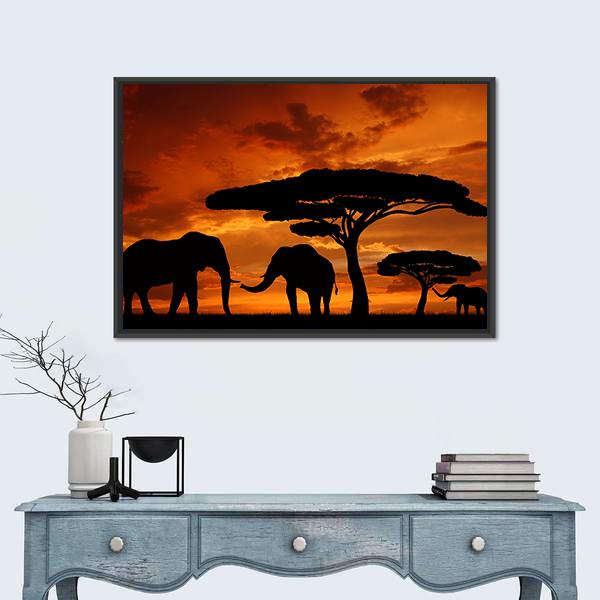 Silhouette Of Two Elephants In The Sunset Canvas Wall Art-3 Horizontal-Gallery Wrap-25" x 16"-Tiaracle
