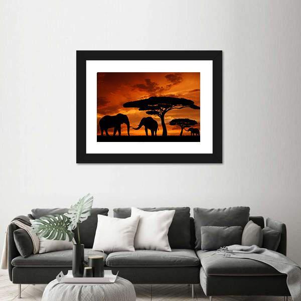 Silhouette Of Two Elephants In The Sunset Canvas Wall Art-3 Horizontal-Gallery Wrap-25" x 16"-Tiaracle