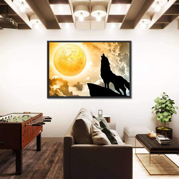 Silhouette Of Wolf Howling Canvas Wall Art-1 Piece-Floating Frame-24" x 16"-Tiaracle