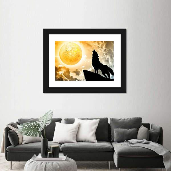 Silhouette Of Wolf Howling Canvas Wall Art-1 Piece-Framed Print-20" x 16"-Tiaracle