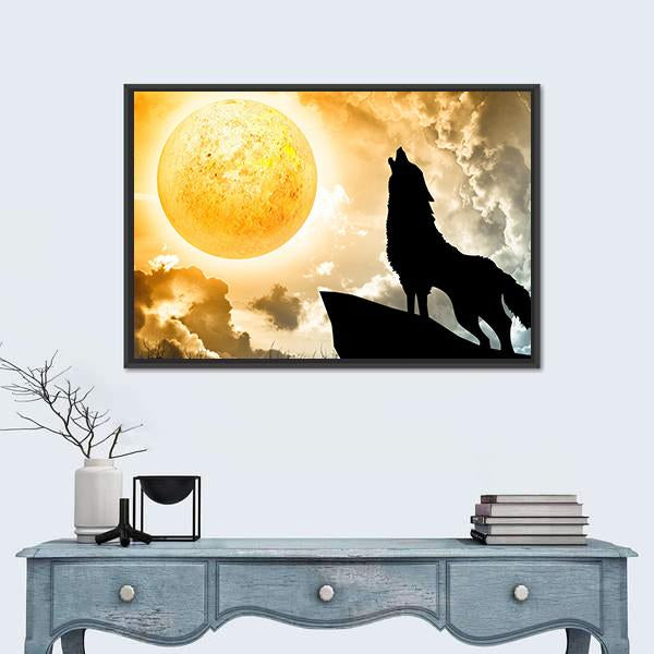 Silhouette Of Wolf Howling Canvas Wall Art-5 Horizontal-Gallery Wrap-22" x 12"-Tiaracle