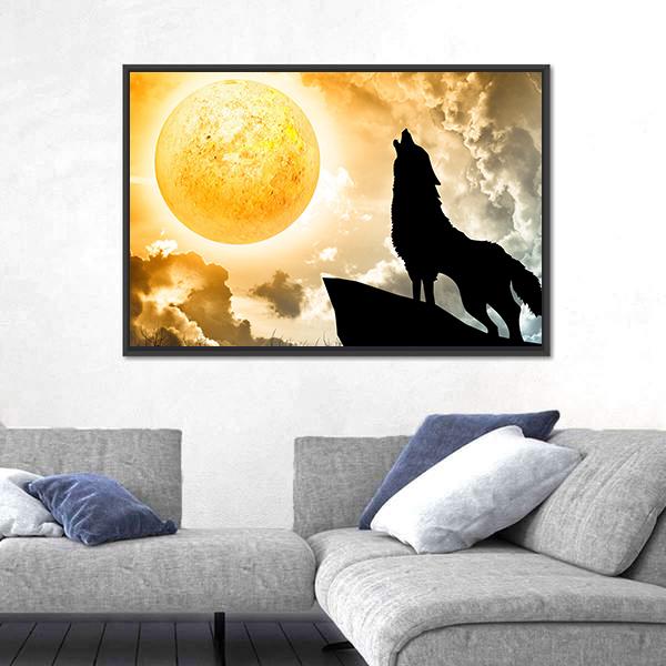 Silhouette Of Wolf Howling Canvas Wall Art-5 Horizontal-Gallery Wrap-22" x 12"-Tiaracle