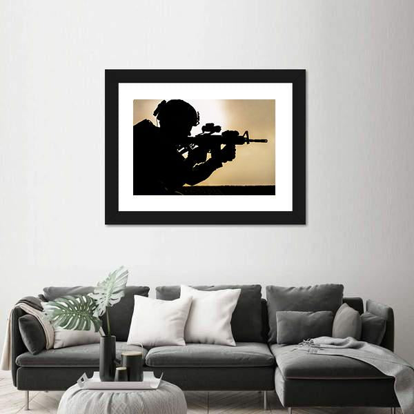 Silhouette Of Young Soldier In Military Helmet Against The Sun Canvas Wall Art-1 Piece-Framed Print-20" x 16"-Tiaracle