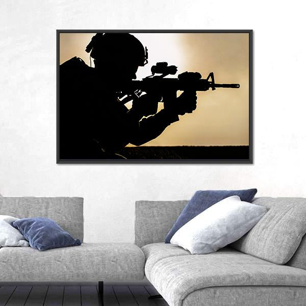 Silhouette Of Young Soldier In Military Helmet Against The Sun Canvas Wall Art-5 Horizontal-Gallery Wrap-22" x 12"-Tiaracle