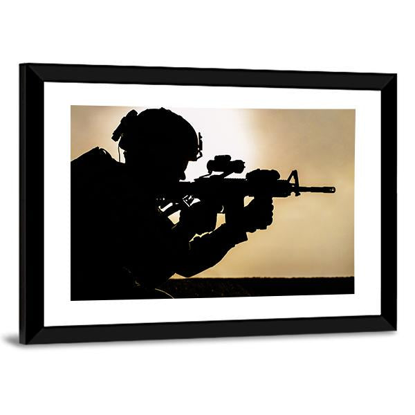 Silhouette Of Young Soldier In Military Helmet Against The Sun Canvas Wall Art-5 Horizontal-Gallery Wrap-22" x 12"-Tiaracle