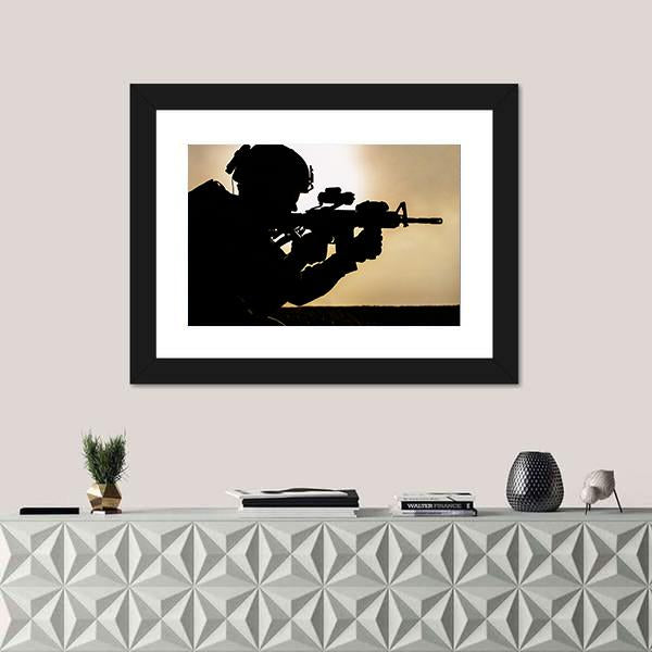 Silhouette Of Young Soldier In Military Helmet Against The Sun Canvas Wall Art-5 Horizontal-Gallery Wrap-22" x 12"-Tiaracle