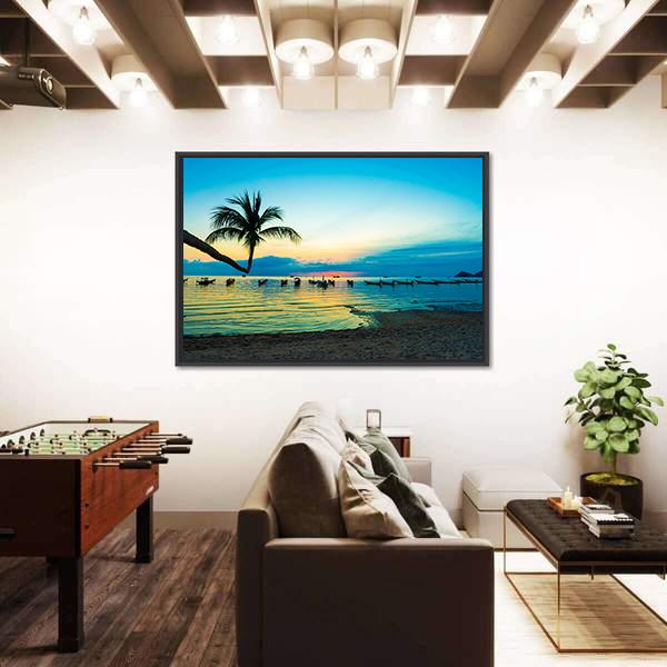 Silhouette Sunset On Thailand Sea Beach Canvas Wall Art-1 Piece-Floating Frame-36" x 24"-Tiaracle