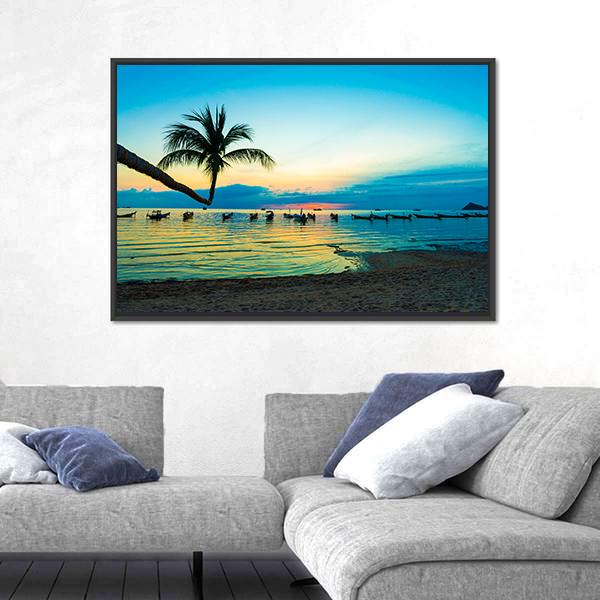 Silhouette Sunset On Thailand Sea Beach Canvas Wall Art-5 Horizontal-Gallery Wrap-22" x 12"-Tiaracle