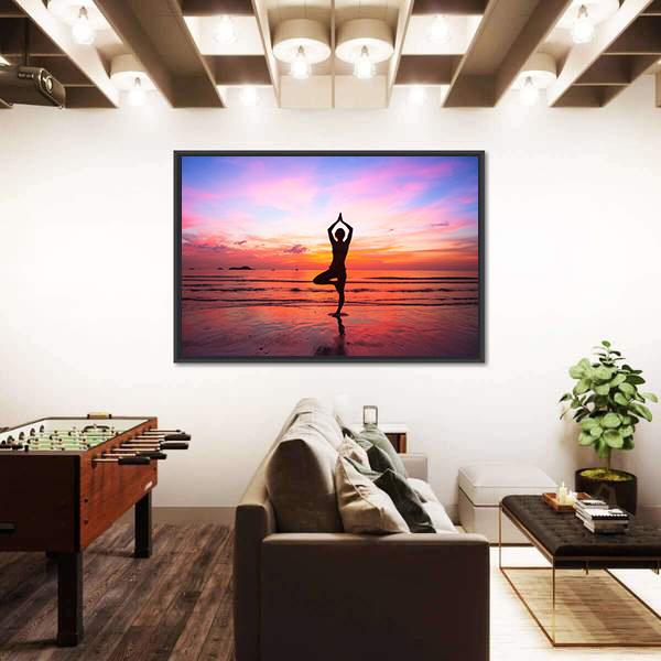 Silhouette Woman Yoga practice At The Seaside At Sunset Canvas Wall Art-5 Horizontal-Gallery Wrap-22" x 12"-Tiaracle