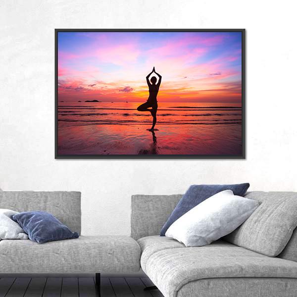 Silhouette Woman Yoga practice At The Seaside At Sunset Canvas Wall Art-5 Horizontal-Gallery Wrap-22" x 12"-Tiaracle