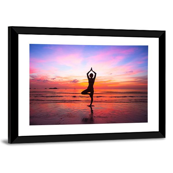 Silhouette Woman Yoga practice At The Seaside At Sunset Canvas Wall Art-5 Horizontal-Gallery Wrap-22" x 12"-Tiaracle