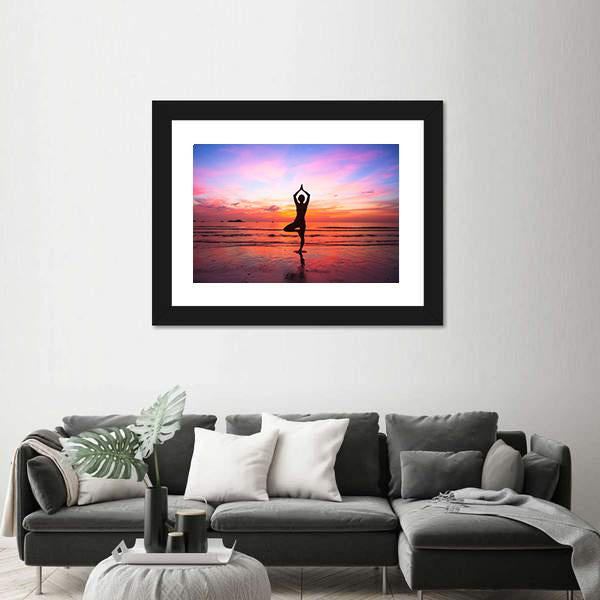 Silhouette Woman Yoga practice At The Seaside At Sunset Canvas Wall Art-5 Horizontal-Gallery Wrap-22" x 12"-Tiaracle