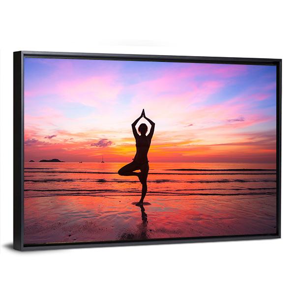 Silhouette Woman Yoga practice At The Seaside At Sunset Canvas Wall Art-5 Horizontal-Gallery Wrap-22" x 12"-Tiaracle
