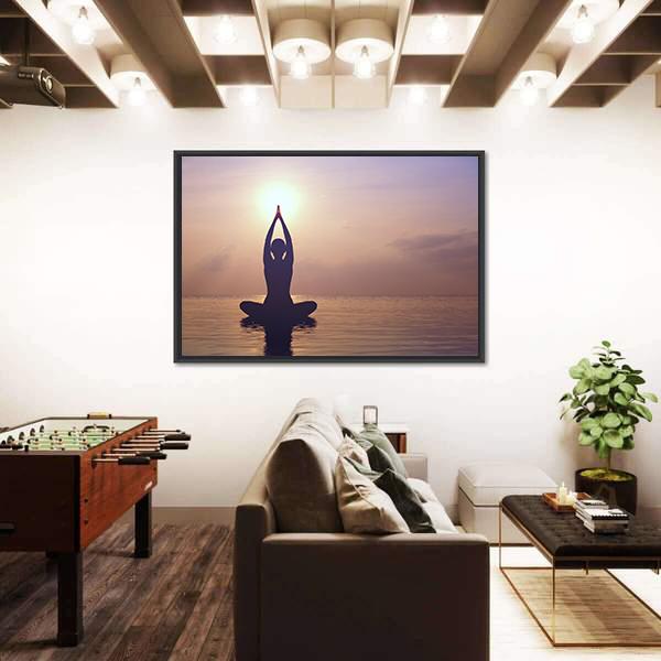 Silhouette Young Woman Practicing Yoga On The Beach At Sunset Canvas Wall Art-5 Horizontal-Gallery Wrap-22" x 12"-Tiaracle