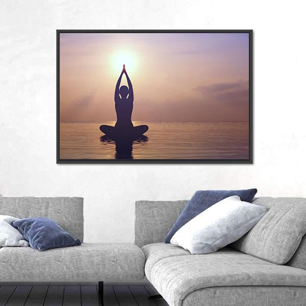 Silhouette Young Woman Practicing Yoga On The Beach At Sunset Canvas Wall Art-5 Horizontal-Gallery Wrap-22" x 12"-Tiaracle