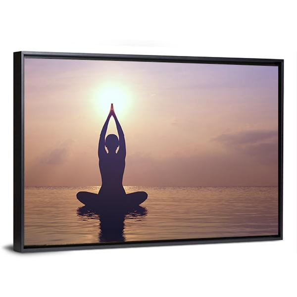 Silhouette Young Woman Practicing Yoga On The Beach At Sunset Canvas Wall Art-5 Horizontal-Gallery Wrap-22" x 12"-Tiaracle