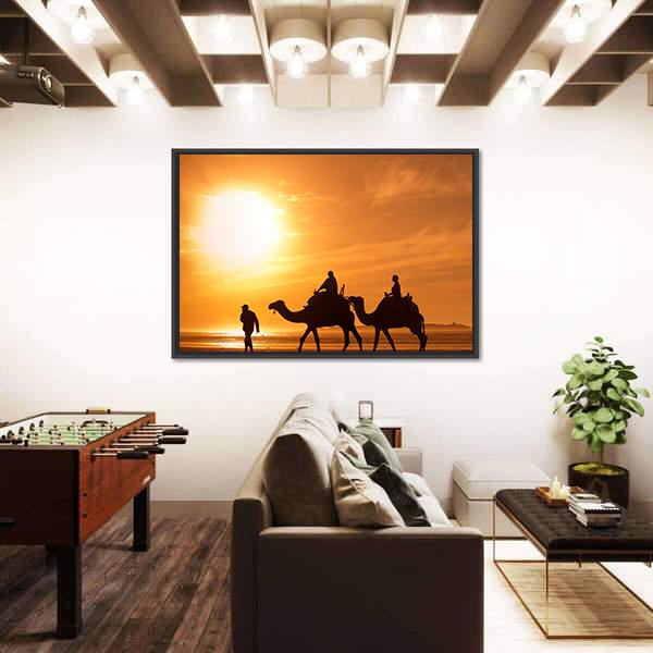 Silhouettes Of Camels At Sunset Canvas Wall Art-1 Piece-Floating Frame-36" x 24"-Tiaracle