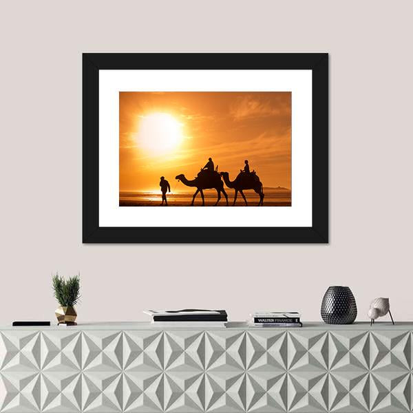 Silhouettes Of Camels At Sunset Canvas Wall Art-1 Piece-Framed Print-30" x 20"-Tiaracle