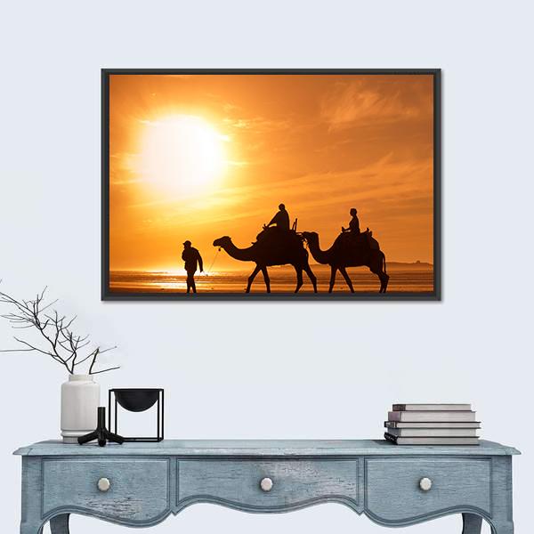 Silhouettes Of Camels At Sunset Canvas Wall Art-5 Horizontal-Gallery Wrap-22" x 12"-Tiaracle