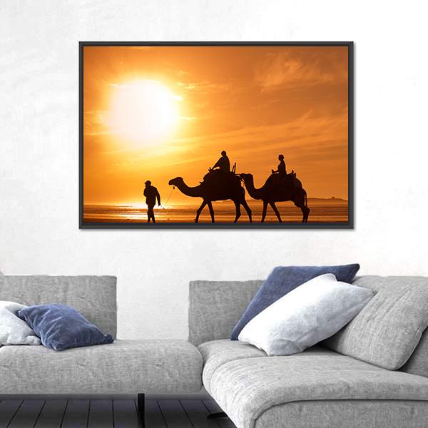 Silhouettes Of Camels At Sunset Canvas Wall Art-5 Horizontal-Gallery Wrap-22" x 12"-Tiaracle